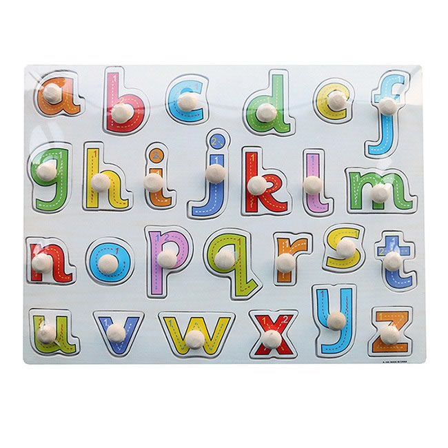 Houten alfabet puzzel 30cm met handgripjes noppenpuzzel
